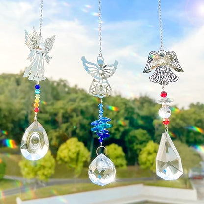 3 Pieces Crystal Sun Catchers - Angel Suncatchers for Windows Glass Heart Prism Sun Catcher with Chain Pendant Hanging Decor for Lamps Light Home Window Curtain Office Garden Car Decoration
