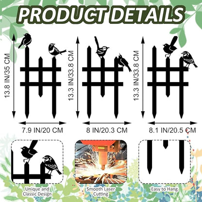3 Pcs Small Garden Fence with 6 Pieces Birds Decoration, Rustic Garden Decor, Insert Lawn Picket Fence Garden Borders Decorative for Landscape Path Flowerbeds Plant Yard, Outdoor Sculptures Art