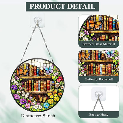 Butterfly Bookshelf Stained Glass Window Hanging – Round Floral Suncatcher with Chain, Colorful Glass Ornament for Reading Room Home Garden Decor Gift, 8 Inch