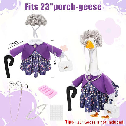 GJL Old Lady Porch Goose Outfits, Spring Summer Grandma Goose Clothes with Wig Glasses Pearl Necklace, Fits 23 Inch Cement Plastic Goose Statue for Outdoor Yard Garden Decor