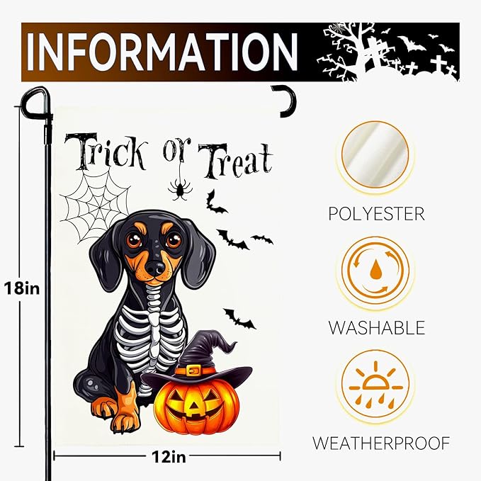 Halloween Garden Flags Trick or Treat Ghost Dog Yard Flag for Outside Decor Pumpkin Bat Spider Web Garden Flag Holiday Rottweiler Skeleton House Banner Outdoor Decoration for Home 12 x 18 Inch