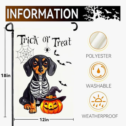 Halloween Garden Flags Trick or Treat Ghost Dog Yard Flag for Outside Decor Pumpkin Bat Spider Web Garden Flag Holiday Rottweiler Skeleton House Banner Outdoor Decoration for Home 12 x 18 Inch