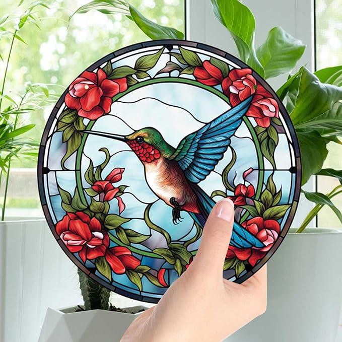 7.9'' Acrylic Window Suncatcher Decor,Stained Panel Hangings Decorative Acrylic Wall Decor Colorful Ornament Window Hangings for Outdoor Indoor Decor(Hummingbird-Blue)
