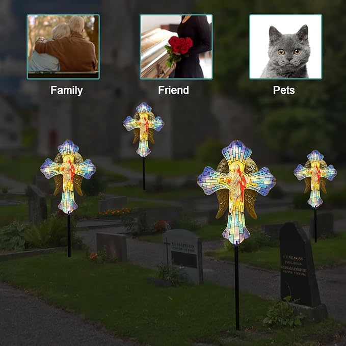 WAIU Solar Cross Garden Stake Lights, Metal Angel Wing & Acrylic Jesus Cross, Waterproof Outdoor Memorial Decor for Remembrance Gifts & Sympathy Gifts.