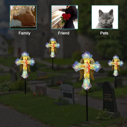 WAIU Solar Cross Garden Stake Lights, Metal Angel Wing & Acrylic Jesus Cross, Waterproof Outdoor Memorial Decor for Remembrance Gifts & Sympathy Gifts.