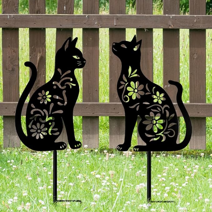 Cat Garden Decor for Outside, Black Cat Metal Decorative Garden Stakes for Yard Art, Patio, Outdoor Decor, Garden Decorations, Lawn Ornaments, Unique Gifts for Cats Lovers (2 Pack)