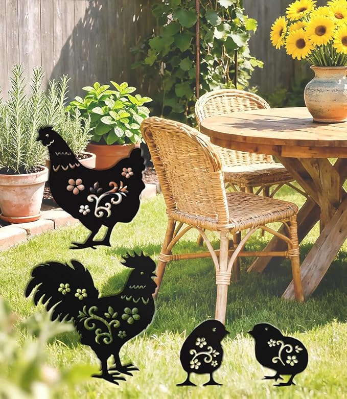 4 Pack Metal Yard Stake Decor, Weather-Proof Chicken Decor, Rooster Hen Chicks Silhouette Garden Sculptures & Statues Stakes for Outdoor Lawn, Patio, Flower Beds, Ideal Gardening & Country Gifts