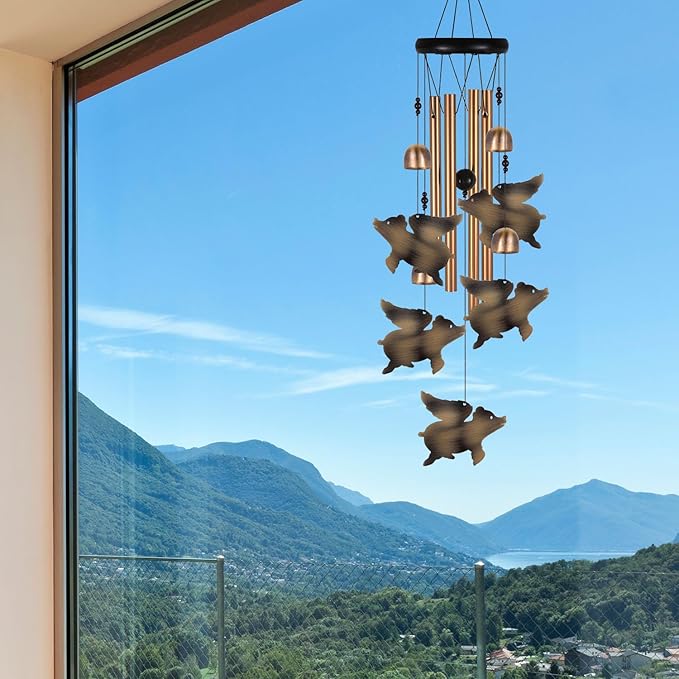Outdoor Bronze Flying Pig Wind Chimes, Pigs WindChimes, Gift Wind Chime, Flying Pigs Wind Bell, Gifts for Women, for Home, Garden, Indoor, Outdoor Decoration, Garden Fly Pigs Wind Chimes
