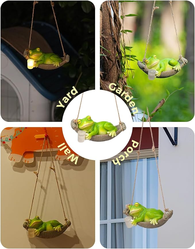 Solar Garden Frog Statue Sleeping in Hammock Resin Indoor Outdoor Lights Hanging Garden Frog Decor Mom Dad Gifts for Patio,Yard
