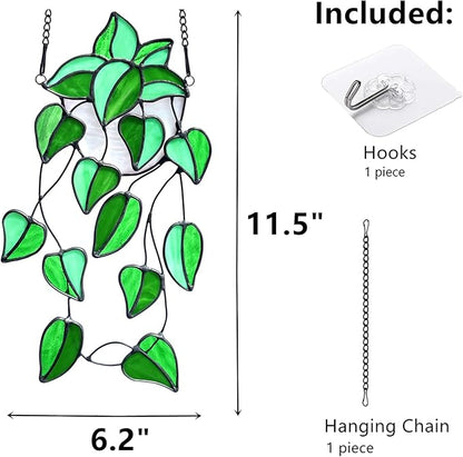 Green Faux Plants Stained Glass Window Hanging Suncatcher, Artificial Plants Decor Gift for Women, Stain Glass Sun Catchers Indoor Window, Handcrafted Home Wall Art Decoration Ornament.