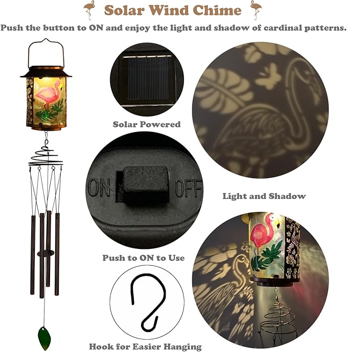 Solar Wind Chimes for Outdoor, Flamingo Garden Decorations Memorial Wind Chimes Deep Tone, Sympathy Windchimes for Outside Garden Décor, Gifts for Mom, Grandma-Flamingo