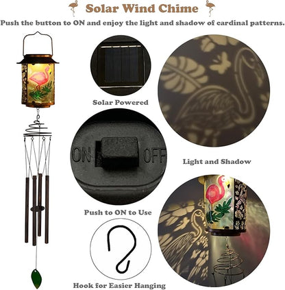 Solar Wind Chimes for Outdoor, Flamingo Garden Decorations Memorial Wind Chimes Deep Tone, Sympathy Windchimes for Outside Garden Décor, Gifts for Mom, Grandma-Flamingo
