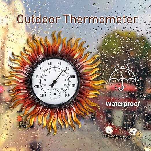 Outdoor Thermometer Waterproof with Humidity, 13.5 Inch Wall Large Number Easy to Read Outdoor Thermometer, Decorative Outside Thermometer, for Patio, Garden (Sun)