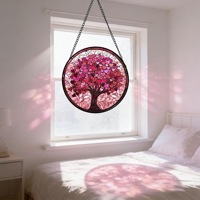 DASTOLL Stained Glass Window Hanging, Pink Love Tree of Life Sun Catchers Colorful Glass Panel Suncatcher Decor for Birthday for Women, Men, Wife, Lovers, and Mom 14.9x14.9 in
