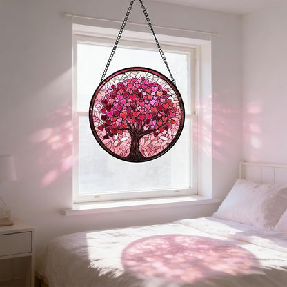Stained Glass Window Hanging - DASTOLL, Birthday Gifts for Women Men Mom Dad, Pink Love Tree Suncatcher for Doors Window Home Sun Catchers Decor 7.8 in