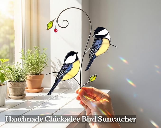 Chickadee (1 Pair) Stained Glass Birds Suncatcher for Mom, Grandma, Women - Real Glass Window Hanging Ornament - Handmade Bird Lover Home Decor (Gifts Ready Packaging)