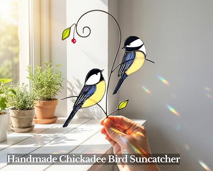Chickadee (1 Pair) Stained Glass Birds Suncatcher for Mom, Grandma, Women - Real Glass Window Hanging Ornament - Handmade Bird Lover Home Decor (Gifts Ready Packaging)