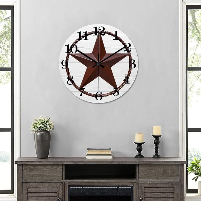 12 Inch Decorative Wall Clock Western Texas Star Rustic Farmhouse Wood Clock Quiet Non-ticking Battery Operated Vintage Wooden Analog Clock for School Bedroom Living Room Decoration Home Decor