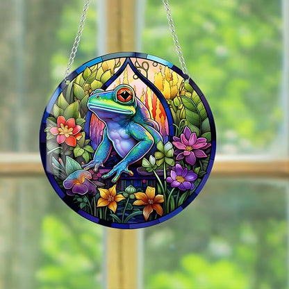 Stained Glass Window Hanging, Green Frog Flower Sun Catchers Colorful Glass Panel Cute Suncatcher Decor for Birthday for Women, Men, Wife, Aunt, and Mom 5.9x5.9 in