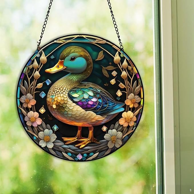 Duck Acrylic Window Hanging,Stained Window Hanging Decor Colorful Ornament,Stained Two-Sided Panel Hangings Decoration,Acrylic Suncatcher for Garden Kitchen Living Room