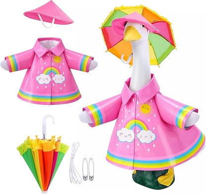 DECOHS 3 Pcs/Set Raincoat Porch Goose Outfits, Summer Lawn Goose Statue Raincoat Costume, Yard Goose Clothes Raincoats Umbrella Hat Outfit for 23" Statue Patio Garden Decoration (Rosy Rainbow)
