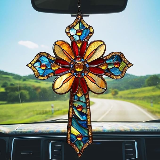 Christian Cross Acrylic Suncatcher Stained Glass Effect Window Car Hanging Christmas Ornament Indoor Outdoor Decor Garden Memorial Sun Catcher for Family Christmas Jesus Gift for Women Mom Grandma