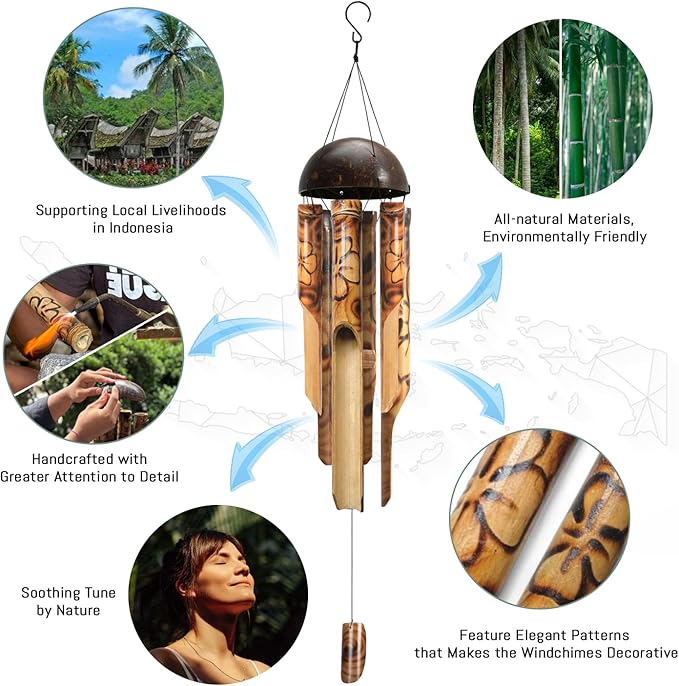 ASTARIN Bamboo Wind Chimes for Outside,Handcrafted Wooden Wind Chimes for Outside with Coconut Crown, Floral Burned Design Bamboo Windchimes for Garden,Yard,Home(35 Inch)(FSC Certified)