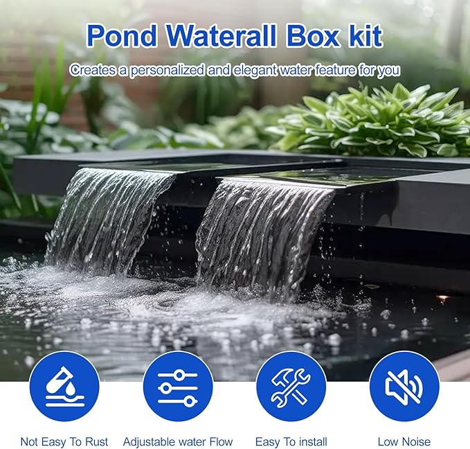 All-in-One Pond Waterfall Spillway Kit – 12” 304 Stainless Steel Waterfall Box with Ultra-Quiet 660GPH Pump, 10FT Tubing, Filter & Accessories for Outdoor Garden, Pool, Backyard Ponds