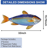 LIFFY Metal Fish Wall Decor,32“ Large Metal & Glass Tuna Artworks Home Decorative Ornaments,Indoor Outdoor Ocean Coastal Wall Hanging Decorations for Pool Garden Yard Patio