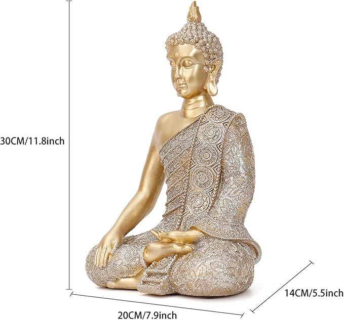 Golden Buddha Figurine - Meditating Seated Buddha Statue - Polyresin Statuary Meditation Figurine Altar Spiritual Decoration Indoor Outdoor Asia Sculpture for Garden, Patio, Deck, Porch Yard Art