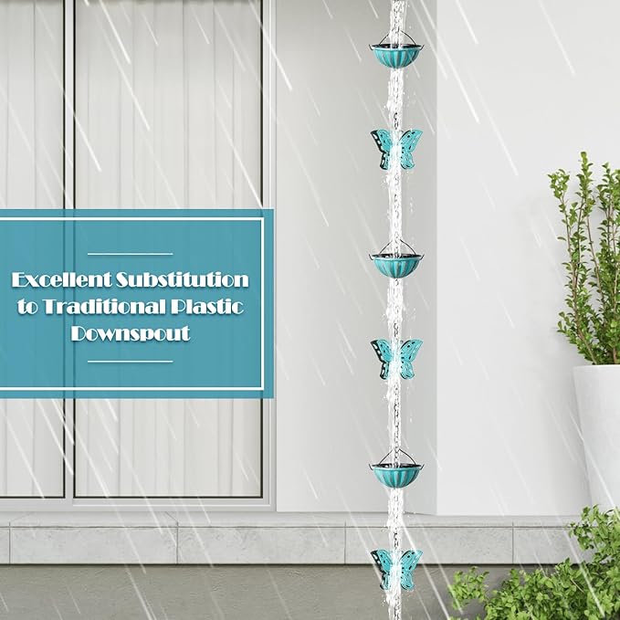 Tfro & Cile Butterfly Rain Chain Gutter Downspout Catcher Outside Water Diverter Decorative Garden Rain Cups Chime Home Decor - 8 1/2 Feet Long