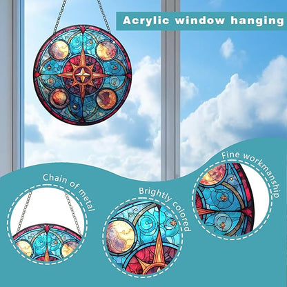 Acrylic Window Hanging,Compass Star Stained Window Hanging Decor Colorful Ornament,Stained Two-Sided Panel Hangings Decoration,Suncatcher for Garden Kitchen Living Room