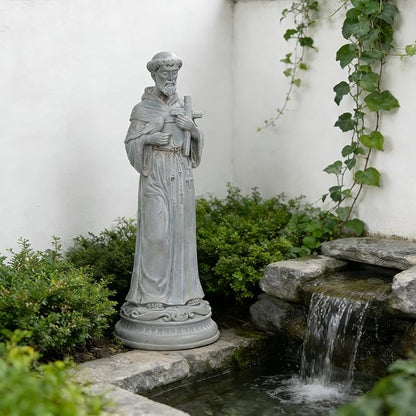 St Francis Garden Statue Outdoor - 24 in Garden Decorations Resin Standing Saint Francis with Cross Antique Finish Spiritual Gifts Religious Sculpture for Yard Lawn Farmhouse Decor Newman House Studio