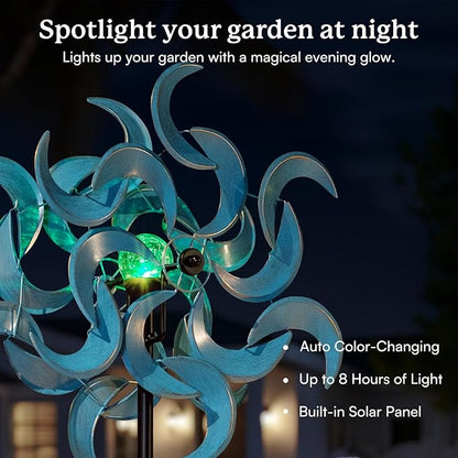 87" Wind Spinner Outdoor with Solar Light, Large Metal Wind Sculptures Spinners, Windmill for Garden Yard Patio Lawn Decor - Azure Moon (23" W x 87" H)