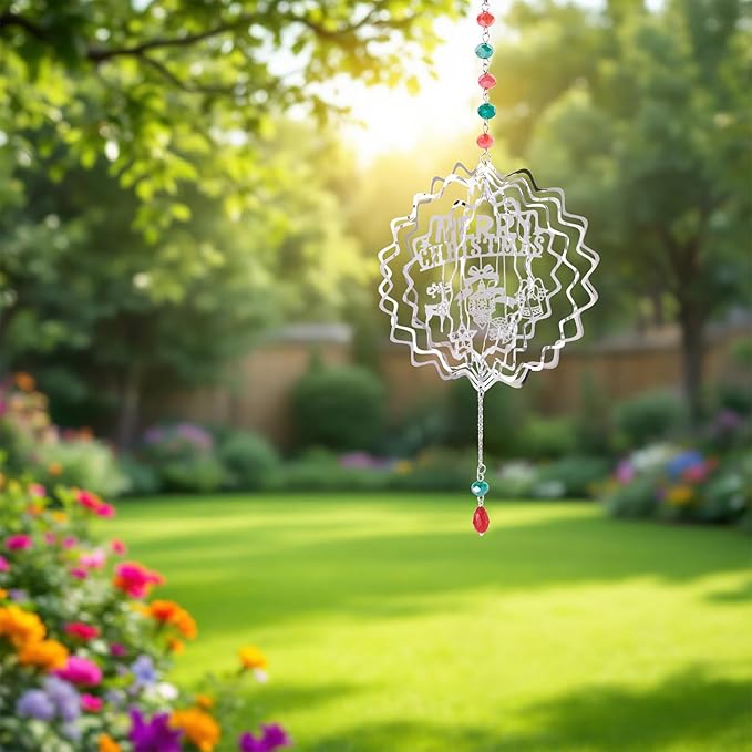 Merry Christmas Wind Spinners for Tree Decor 3D Stainless Steel Wind Sculpture Spinner for Garden Outside Hanging Decor Christmas Home Party Decor 2Pcs