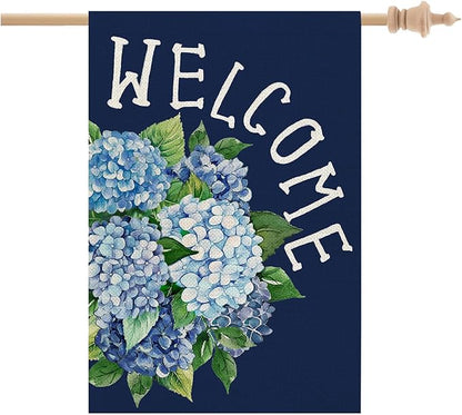 CROWNED BEAUTY Spring House Flag Hydrangea Welcome Double Sided 28x40 Inches Large Burlap Welcome Holiday Seasonal Yard Decoration for Outside Porch