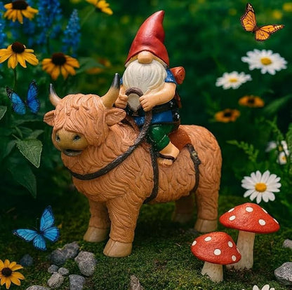 Funny Guy Mugs Gnome Riding A Highland Cow - Funny Garden Gnomes Gifts for Women - Garden Gnomes for Outdoors