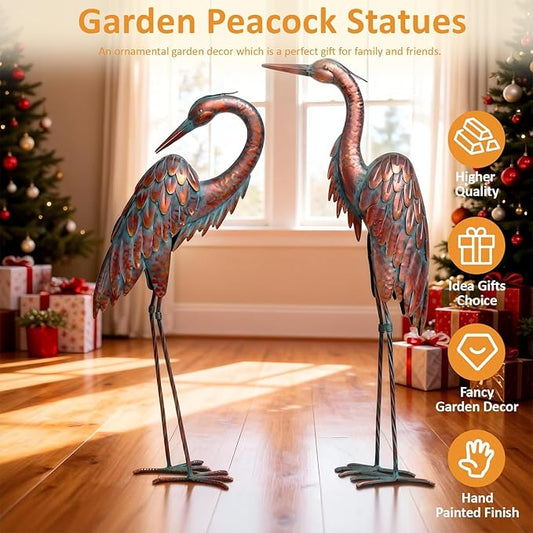 Kircust Metal Crane Statues - Set of 2 Bronze Heron Sculptures for Garden, Patio, or Yard Decor - 27.56" Tall Weatherproof Outdoor Art