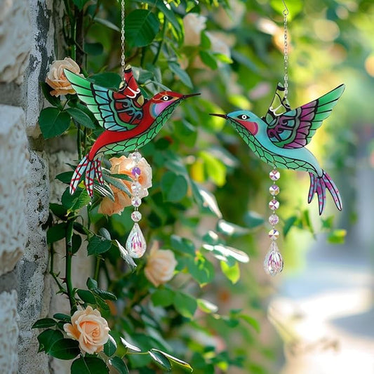Hummingbird Suncatchers,Stained Glass Window Hanging Ornament,Rainbow Maker Crystal Garden Suncatcher for Outdoor Home Indoor Yard Decoration