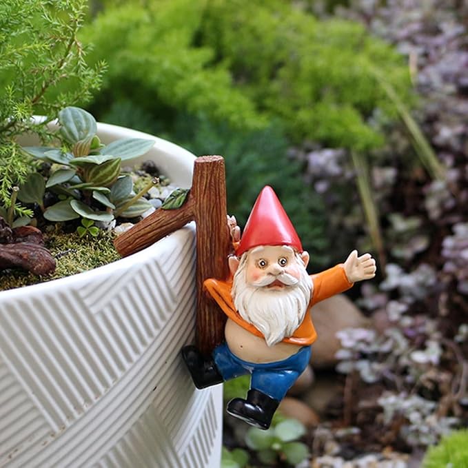 Funny Garden Gnome Statue Flower Pot Hugger, Jackets Hanging on Branch Gnome Figurine Resin Sculpture Outdoor Decor Patio Lawn Yard Fence Plant Pot Ornaments