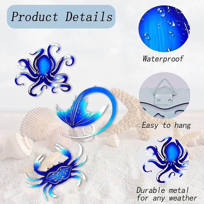 Weibefee Metal Wall Art Decor Octopus Crab Manta Ray Coastal Nautical Ocean Mother's Day Decor Concise 9'' Set of 3 Hanging Mother's Day Decorations Gift for Bathroom Beach Indoor Outdoor Pool Home Bedroom Living Room Blue