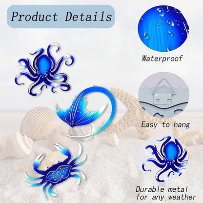Weibefee Metal Wall Art Decor Octopus Crab Manta Ray Coastal Nautical Ocean Mother's Day Decor Concise 9'' Set of 3 Hanging Mother's Day Decorations Gift for Bathroom Beach Indoor Outdoor Pool Home Bedroom Living Room Blue