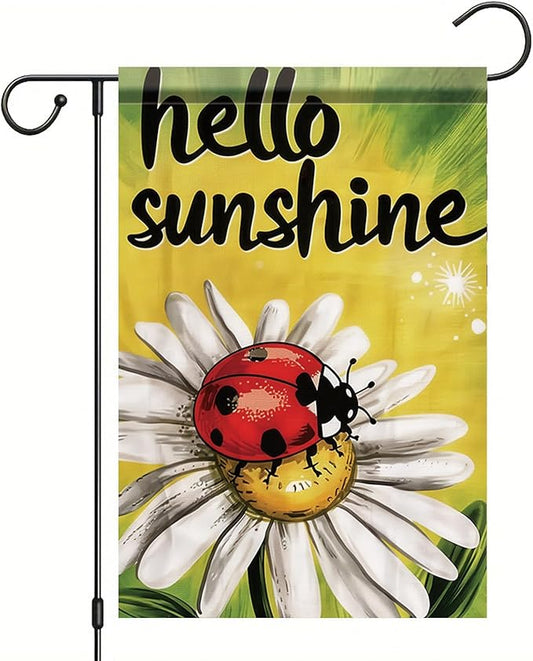 Spring Summer Garden Flag 12x18 Inch Hello Sunshine Ladybug Daisy Floral Art Design Outdoor Yard Porch Lawn Garden for Seasonal Farmhouse Country Home Decor