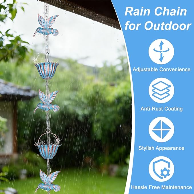 7.9ft Rain Chains for Gutters Outside, Rain Catcher Chain with 7 Metal Cups & Hummingbird Decor, Adjustable Rain Catcher Chain Replacement Downspout for Gutters, Garden Drainage & Eaves