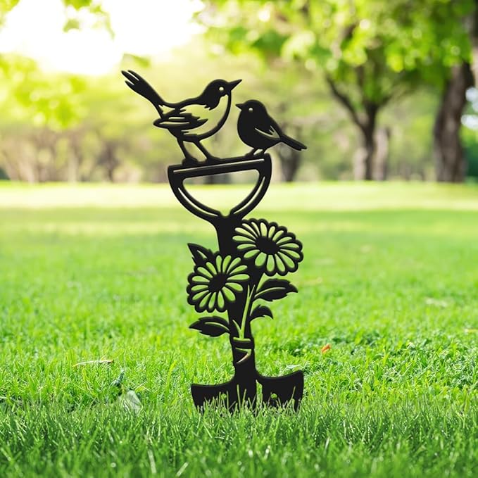 SUPERDANT Metal Garden Stake Bird Flower Silhouette Matte Black Powder Coated Iron Yard Art Decorative Plant Lawn Patio Courtyard Farmhouse Decoration Gift