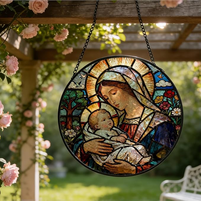 Christian Virgin Mary Baby Jesus Stained Glass Window Hanging, Religious Jesus Suncatcher Indoor Window Glass Round Wall Art Decor, 7.9x7.9 Inch