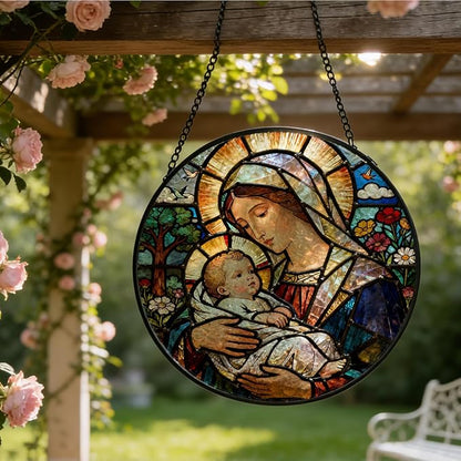 Christian Virgin Mary Baby Jesus Stained Glass Window Hanging, Religious Jesus Suncatcher Indoor Window Glass Round Wall Art Decor, 7.9x7.9 Inch