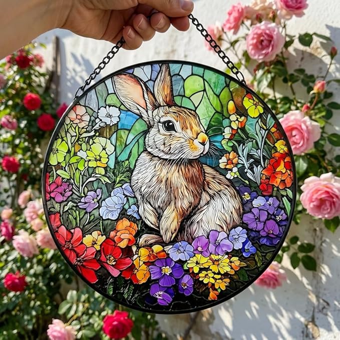 Stained Glass Window Hanging, 6.3in Bunny Sun Catcher for Window, Cute Rabbit Decor for Home & Easter Decor, Stained Glass Suncatcher Gifts for Women Mom Friend, Mother's Day Birthday
