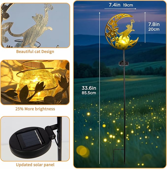 Moon Cat Waterproof Outdoor Cat Lover Solar Light for Garden, Yard, Patio Decor, Auto On/Off, Long-Lasting Battery, Unique Gift for Women Mom, Grandma, Christmas