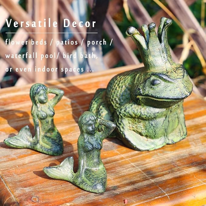 Cast Iron Frog Garden Statue Decor, Frog Pond Sitter Figurine, Frog Sculpture 6.3inches with Crown for Patio, Frog Garden Accent, Cute Outside Ornament, Heavy Duty Weights 4.4lbs